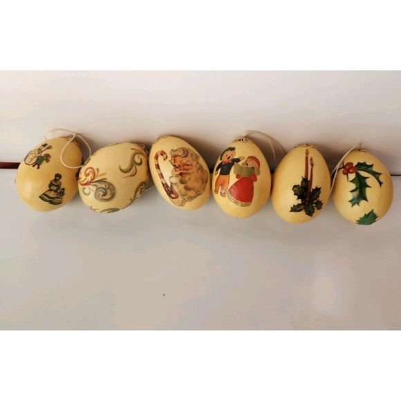 (6) Vtg Christmas Ornament Set REAL BLOWN EGG 1950s Decoupage Holiday Santa Snow - Picture 2 of 16